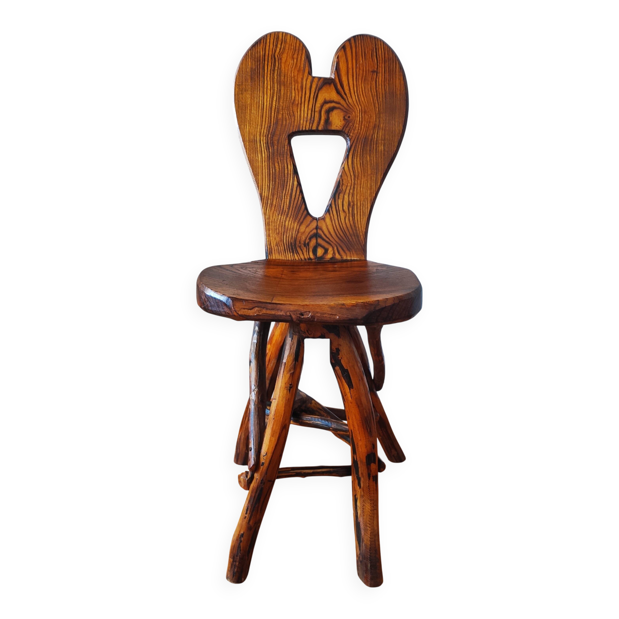 Vintage solid wood chair, popular art, brutalist style, 1950s, heart-shaped backrest.
