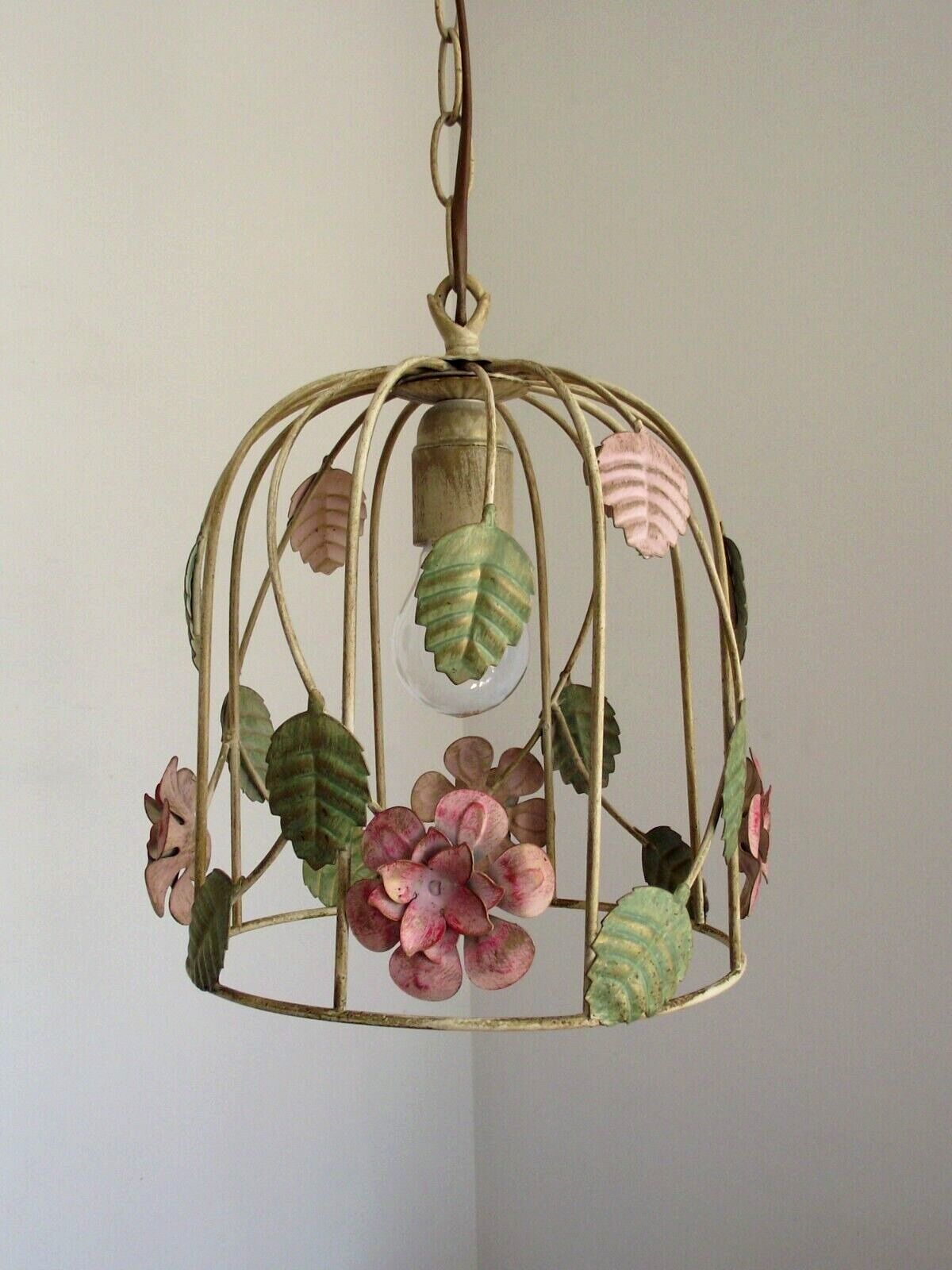 French vintage single bulb Toleware cage light with pink and green flowers
