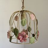 French vintage single bulb Toleware cage light with pink and green flowers