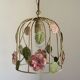 French vintage single bulb Toleware cage light with pink and green flowers