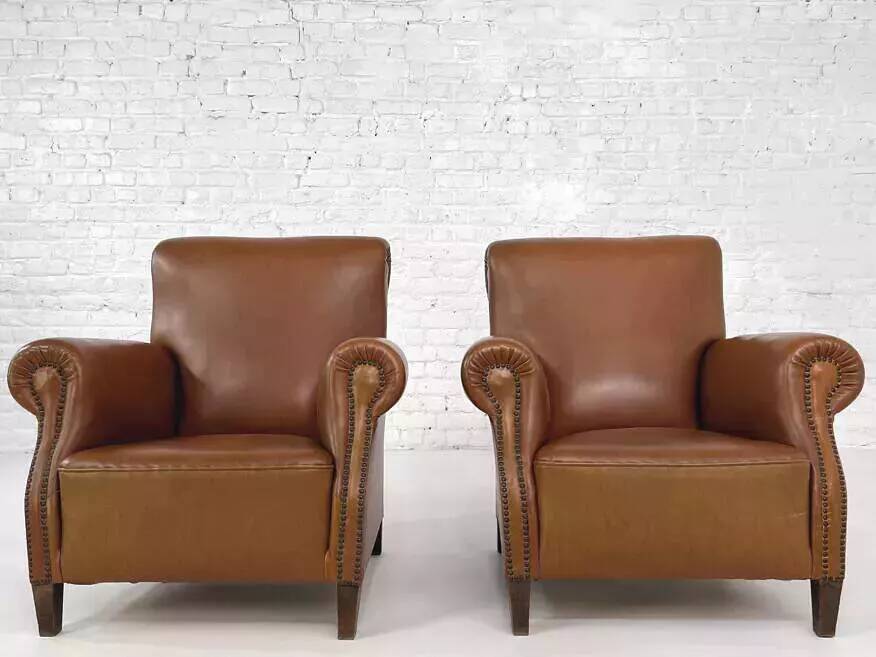 Pair of 50s club armchairs in imitation leather and wood