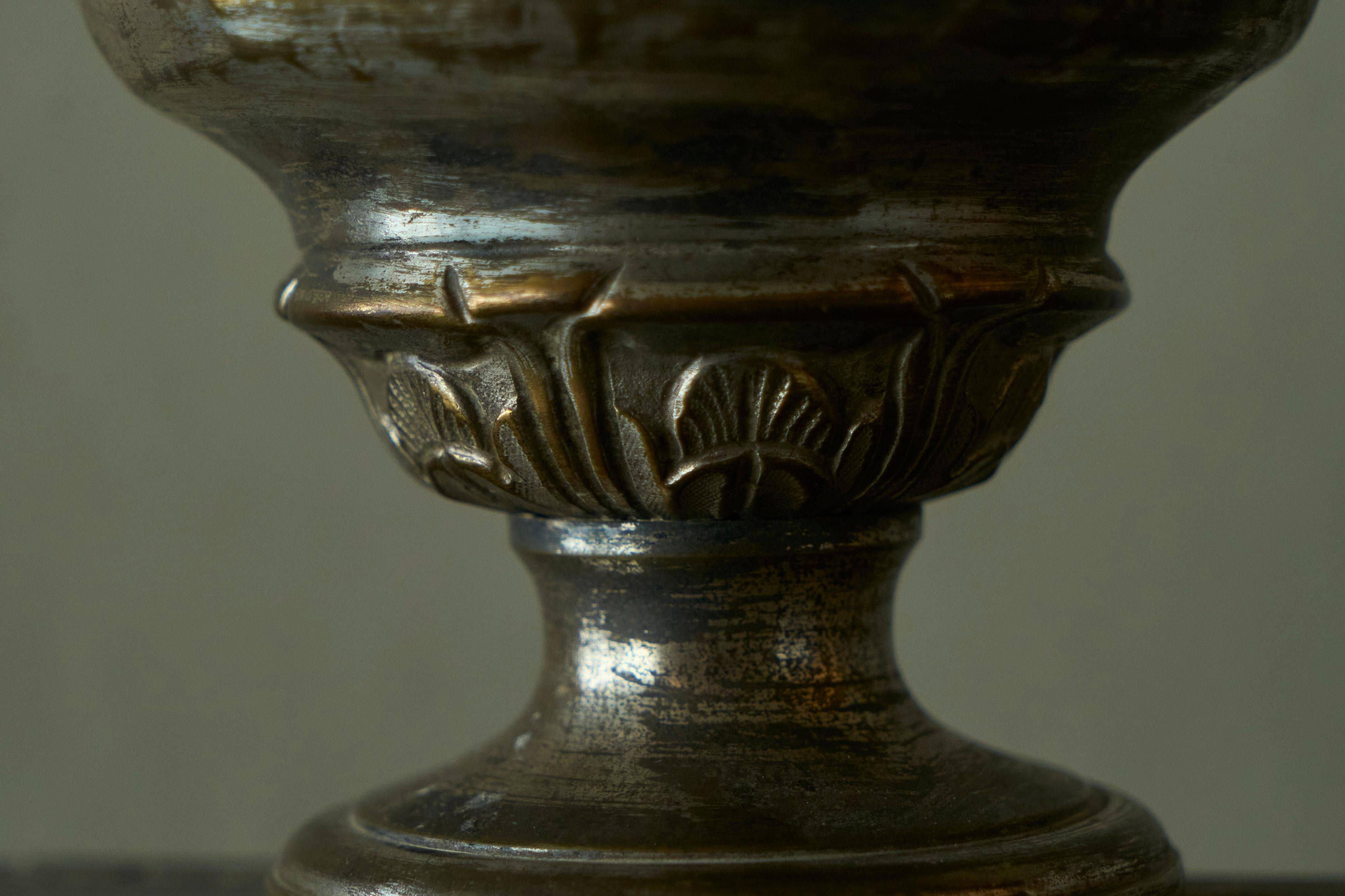 Antique Table Lamp in Patinated Brass and Silver, 19th Century