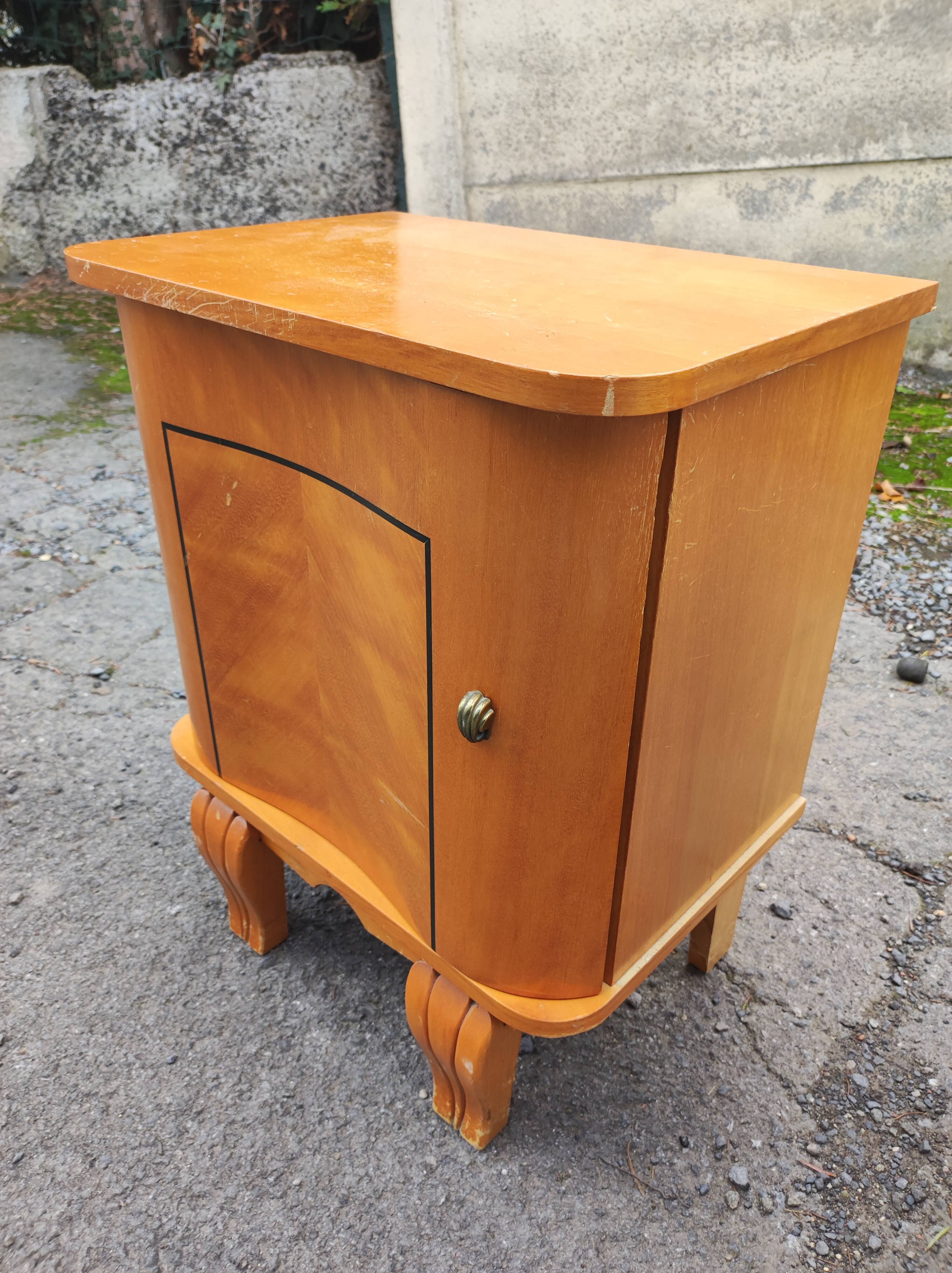Pair of vintage curved wood bedside tables art deco style