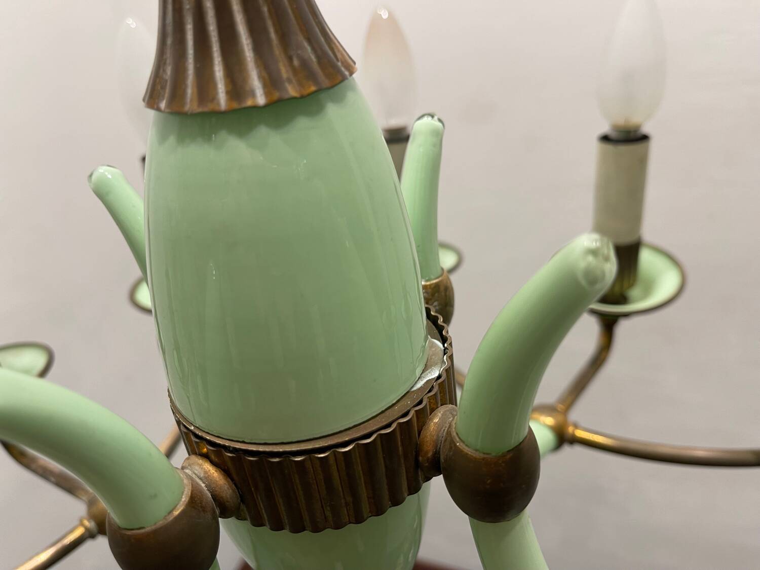 1950’s Opaline Glass Bronze Chandelier