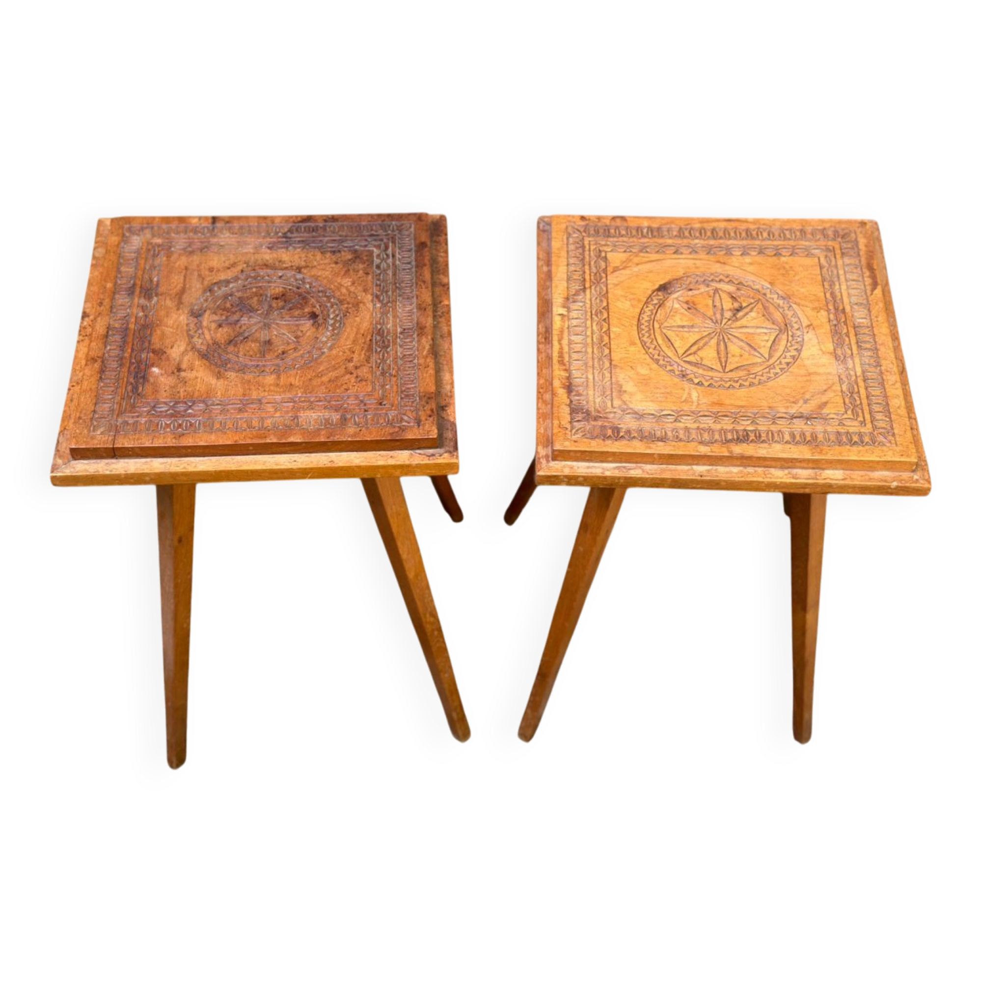 2 solid wood bedside tables carved from the 1950s.