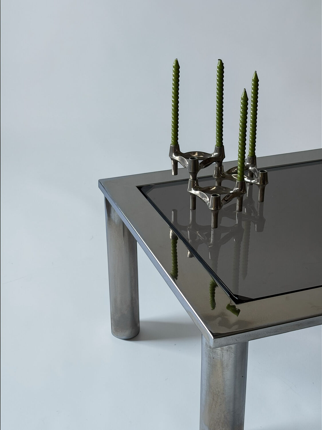 Chrome metal and smoked glass coffee table, 1970.