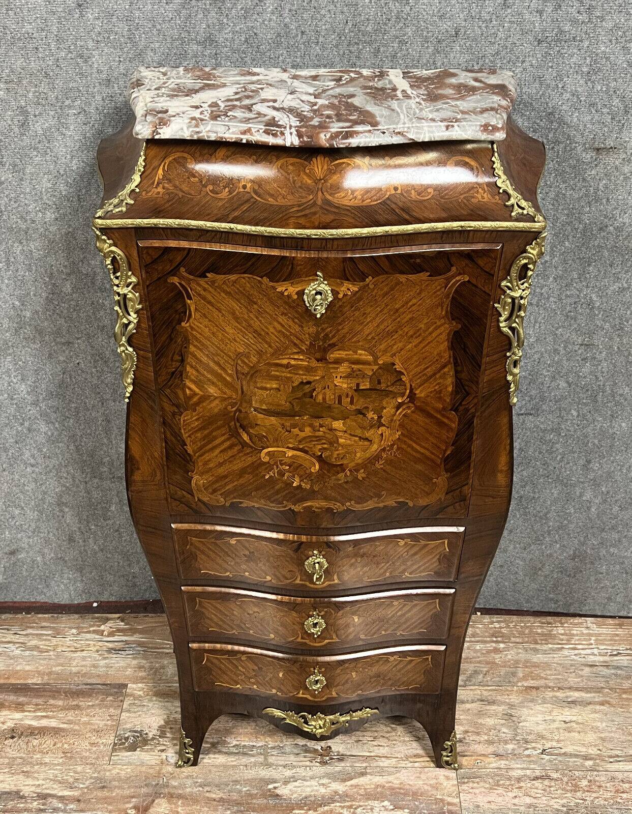 Secretary of Lady curved Louis XV style in precious wood marquetry circa 1850