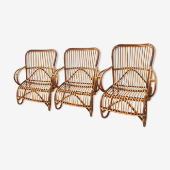 Set of 3 vintage rattan armchairs