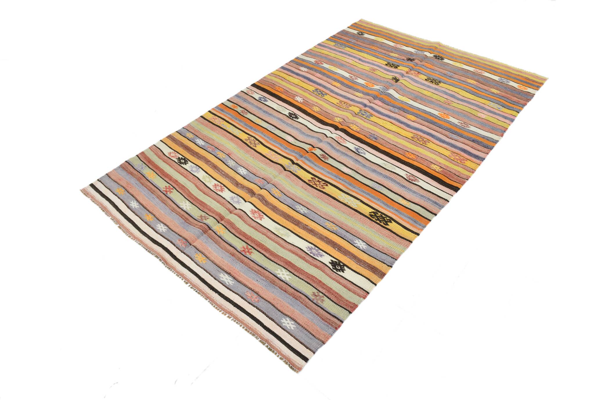 Kilim Vintage Anatolien Rayé – Tons Pastel Multicolores, Style Bohème