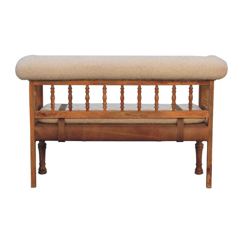 Luxury Handcrafted Rustic Chic Hallway Bench - Mango Wood,  Boucle & Buffalo Leather