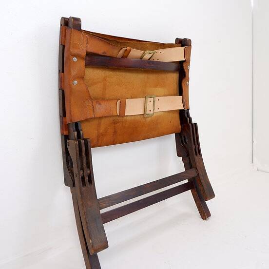 Mid century leather and wood folding armchair, 1950s