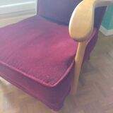 Fauteuil vintage années 1950 en velours rouge et bois hauteur 99