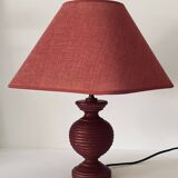Pretty Turned Wood Lamp, Raspberry Red Color, Linen Lampshade