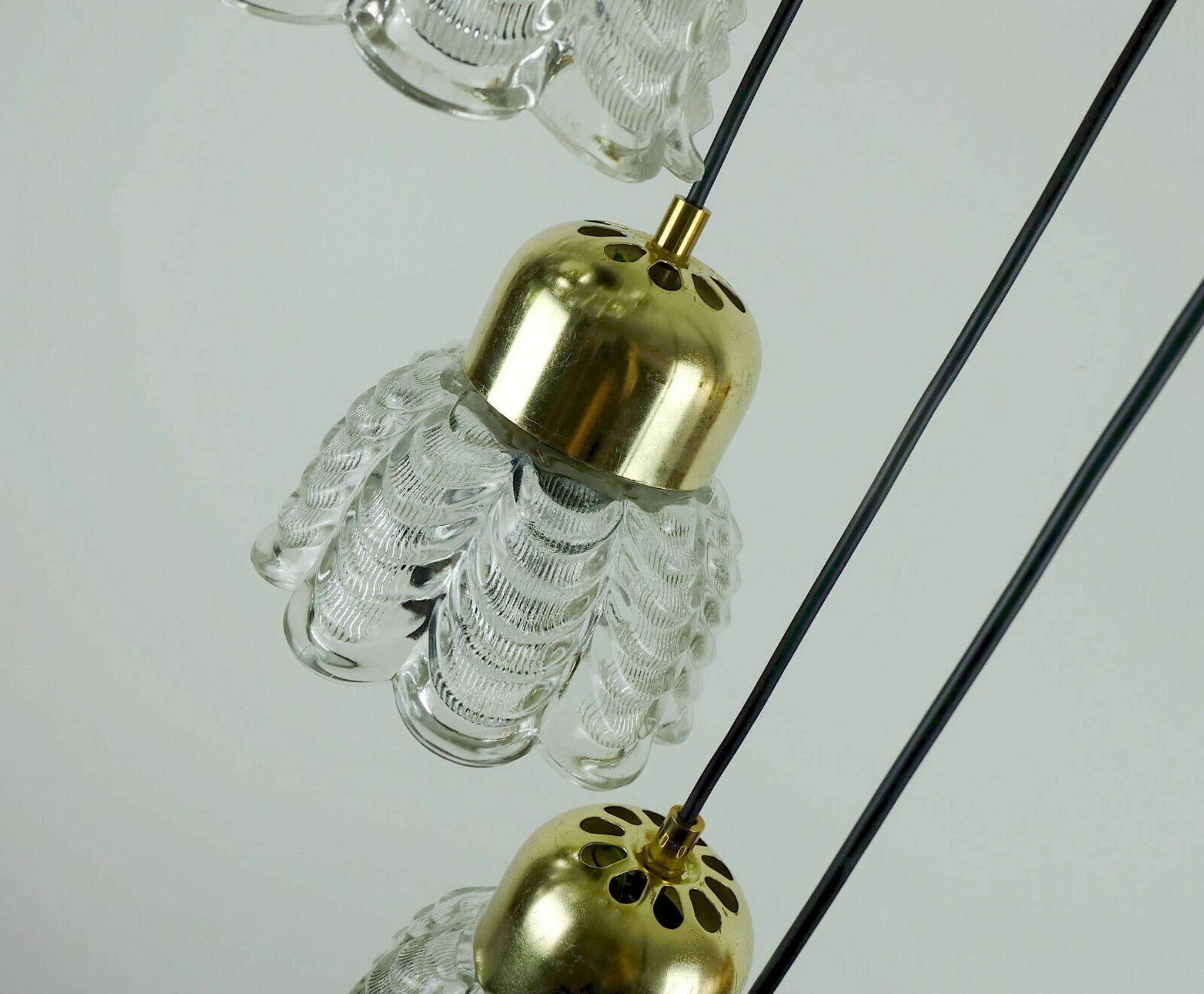 1960s mid century cascading lamp 7 flower-shaped glass shades and brass chandelier