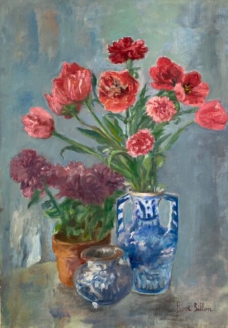 Ancient painting, still life in vase, flower pot and pitcher, signed, 20th century