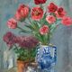 Ancient painting, still life in vase, flower pot and pitcher, signed, 20th century
