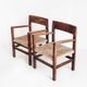 Pair of rustic armchairs in solid wood and straw seats. France, 1940s