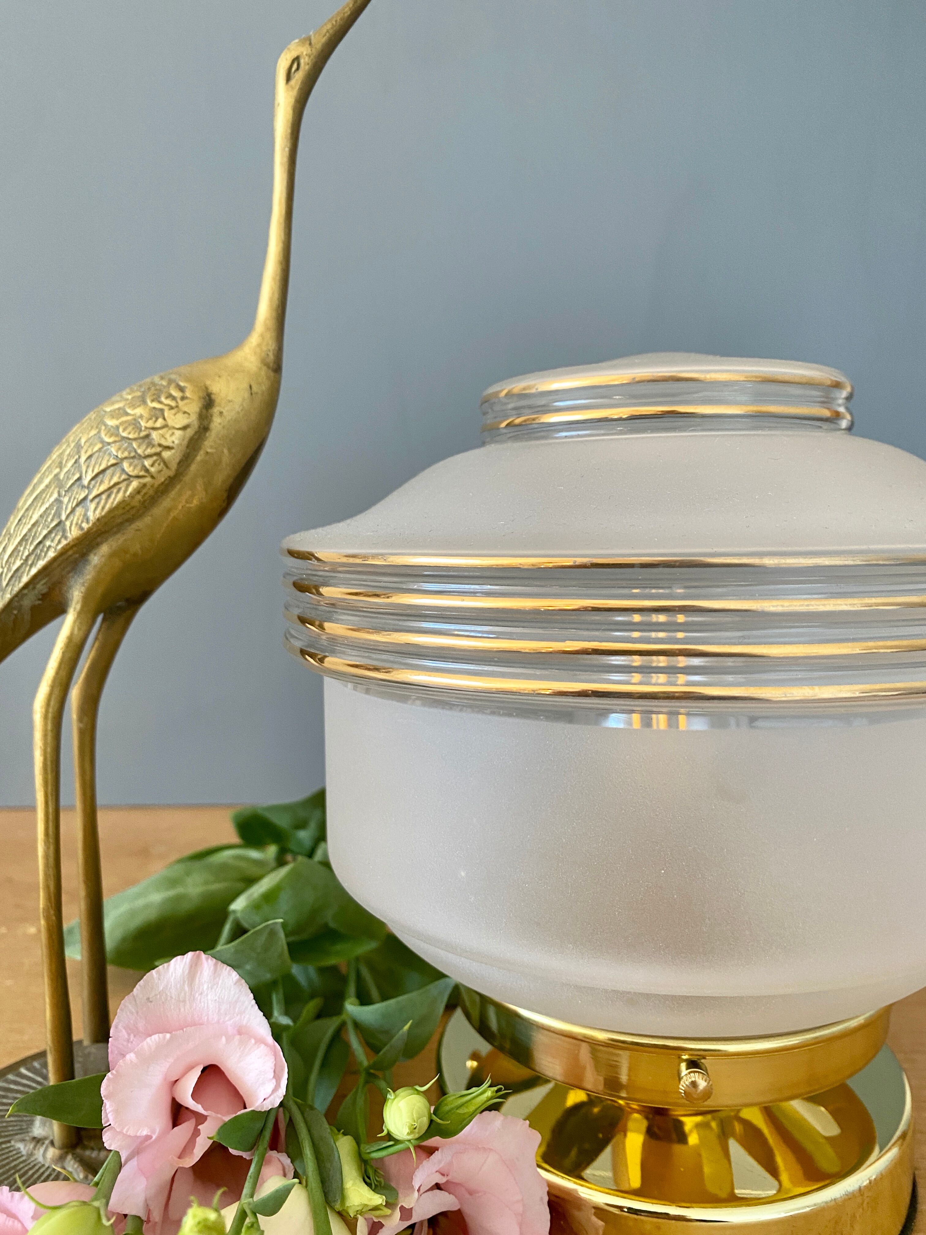 Table lamp vintage art deco globe in white frosted glass with golden edging