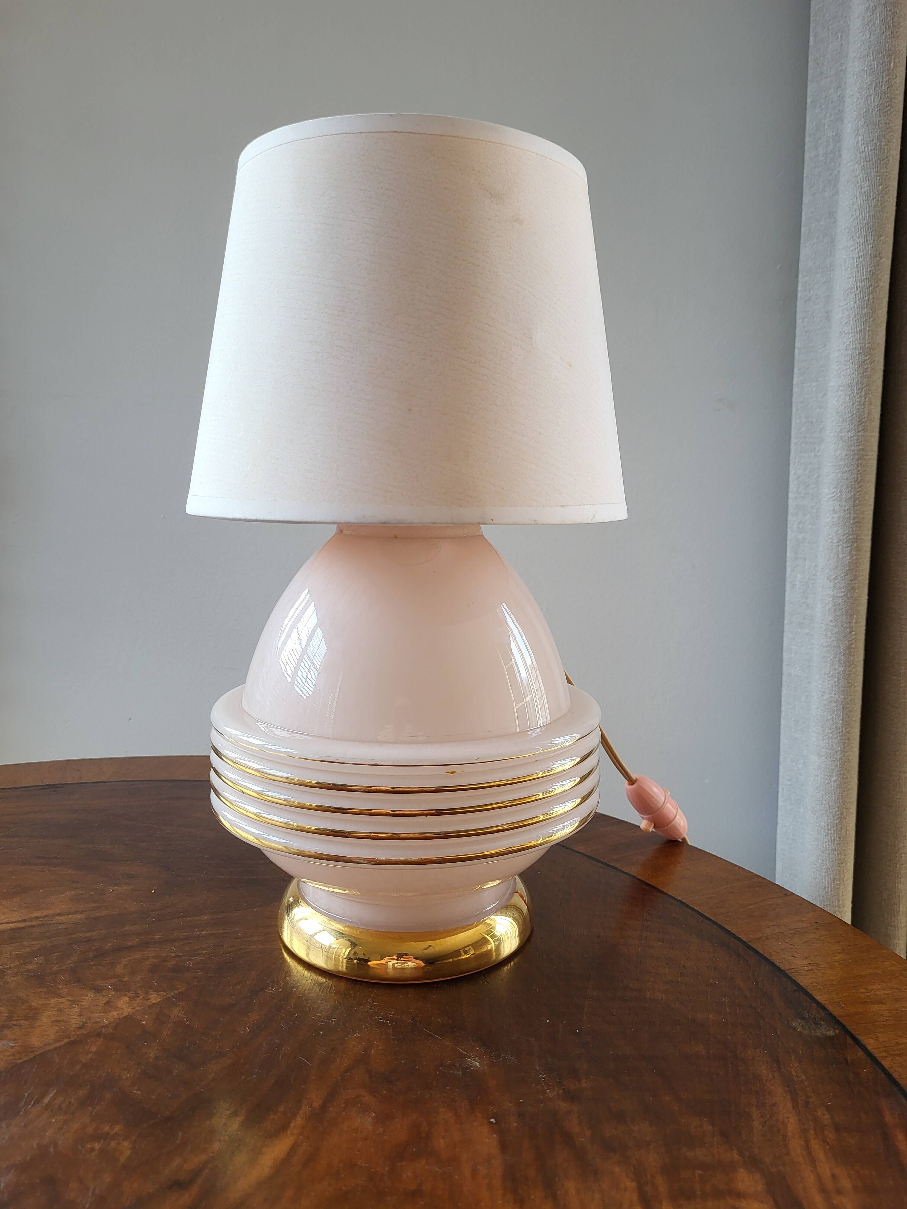 Lampe à tafel art déco, verre clichy rosé avec couleur goudkleurige afwerking, Frankrijk