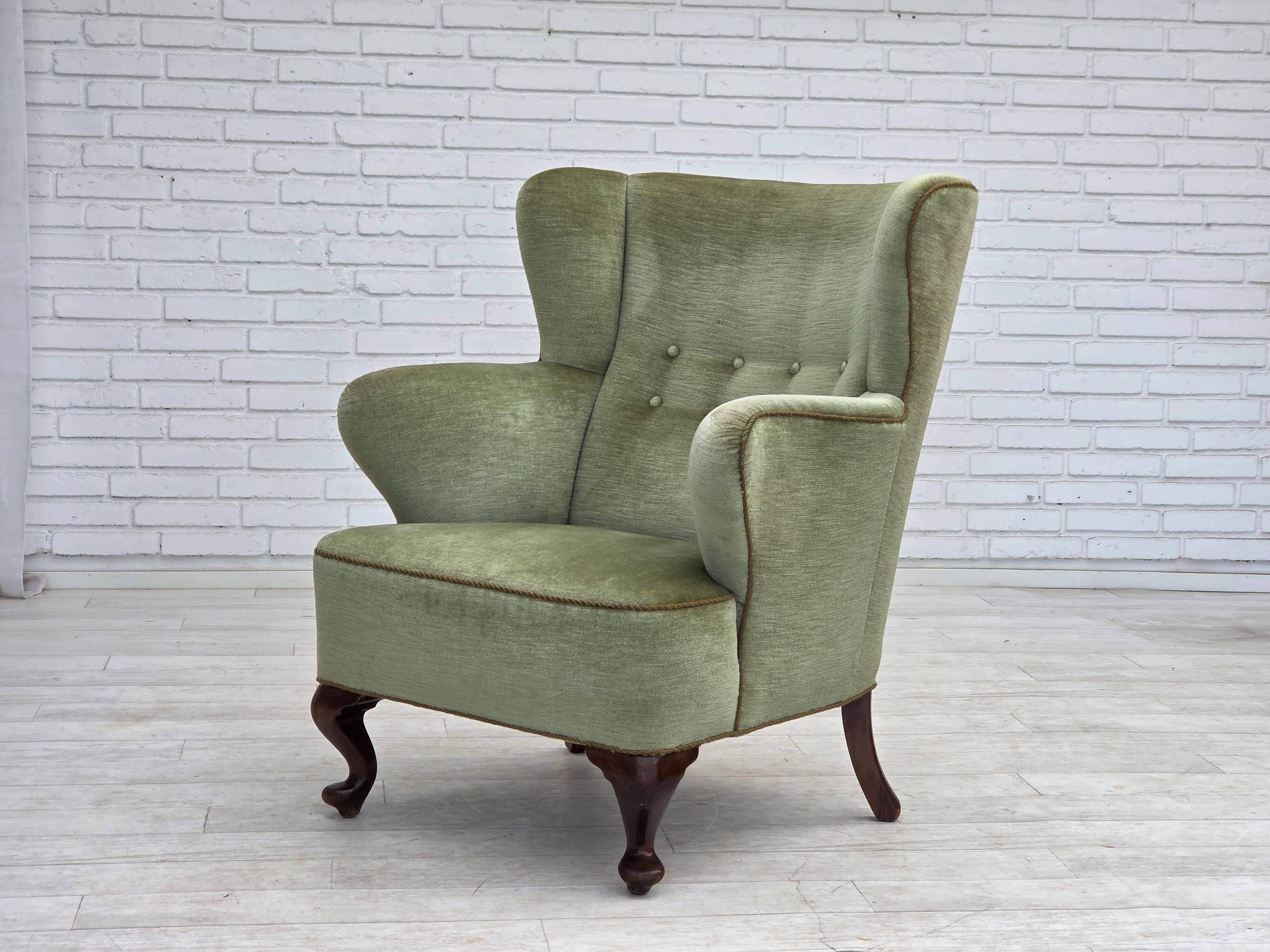 1960s, Scandinavian armchair, green furniture velour, oak wood legs.