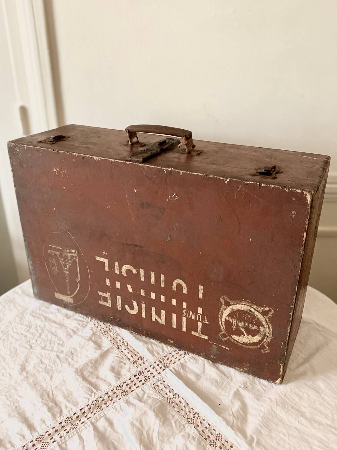 Large wooden trunk suitcase with Tunisia inscription