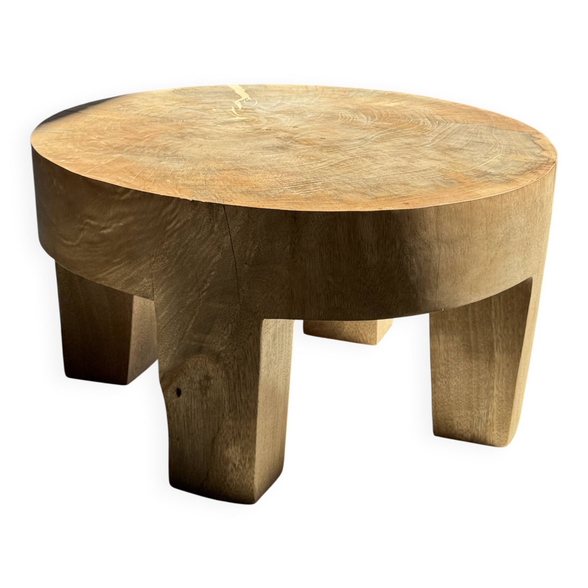 Coffee table, four-legged low table in natural solid monoxyle mango wood.