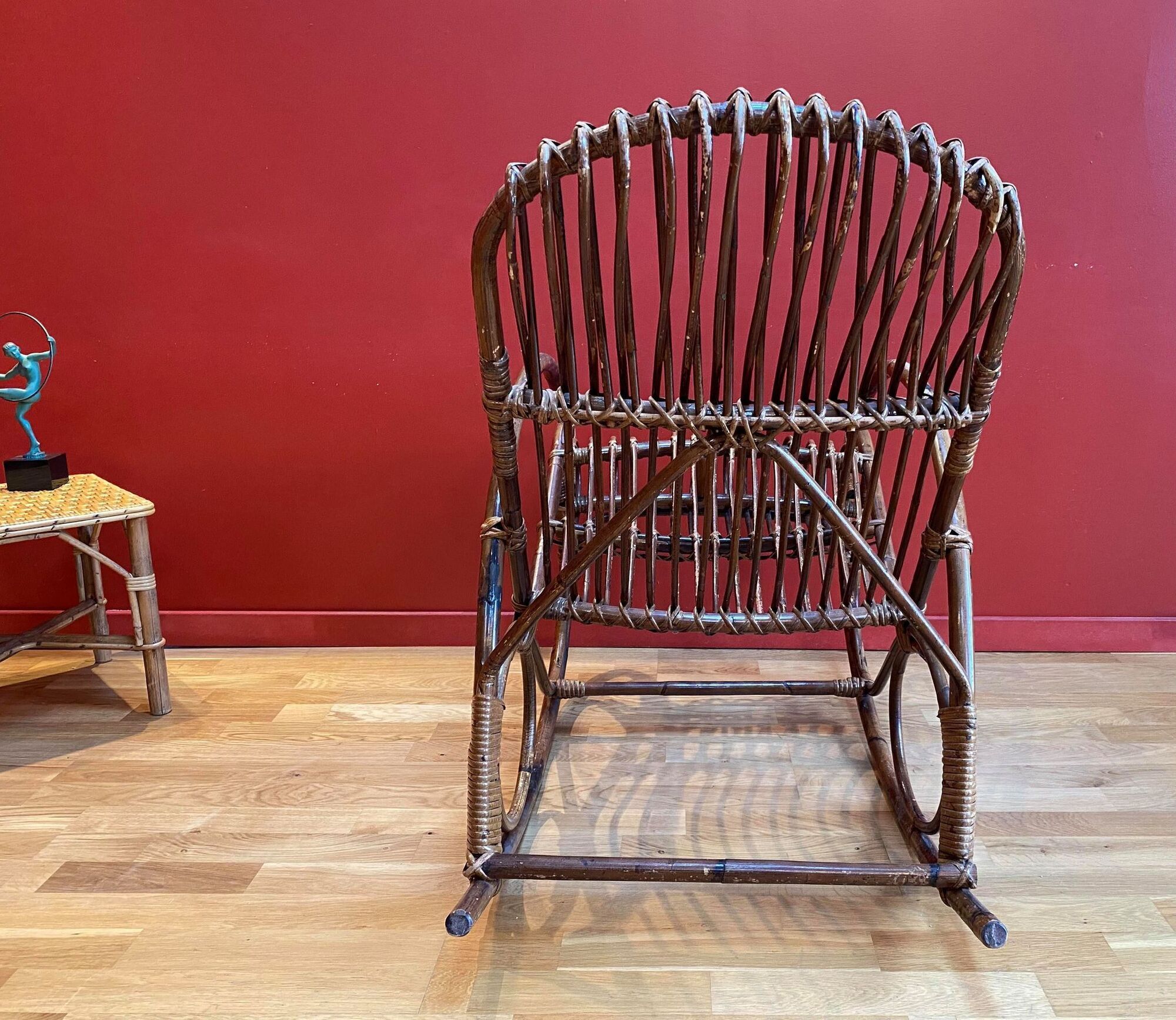 Vintage rocking chair, 60's, rattan and bamboo Rohé Noordwolde