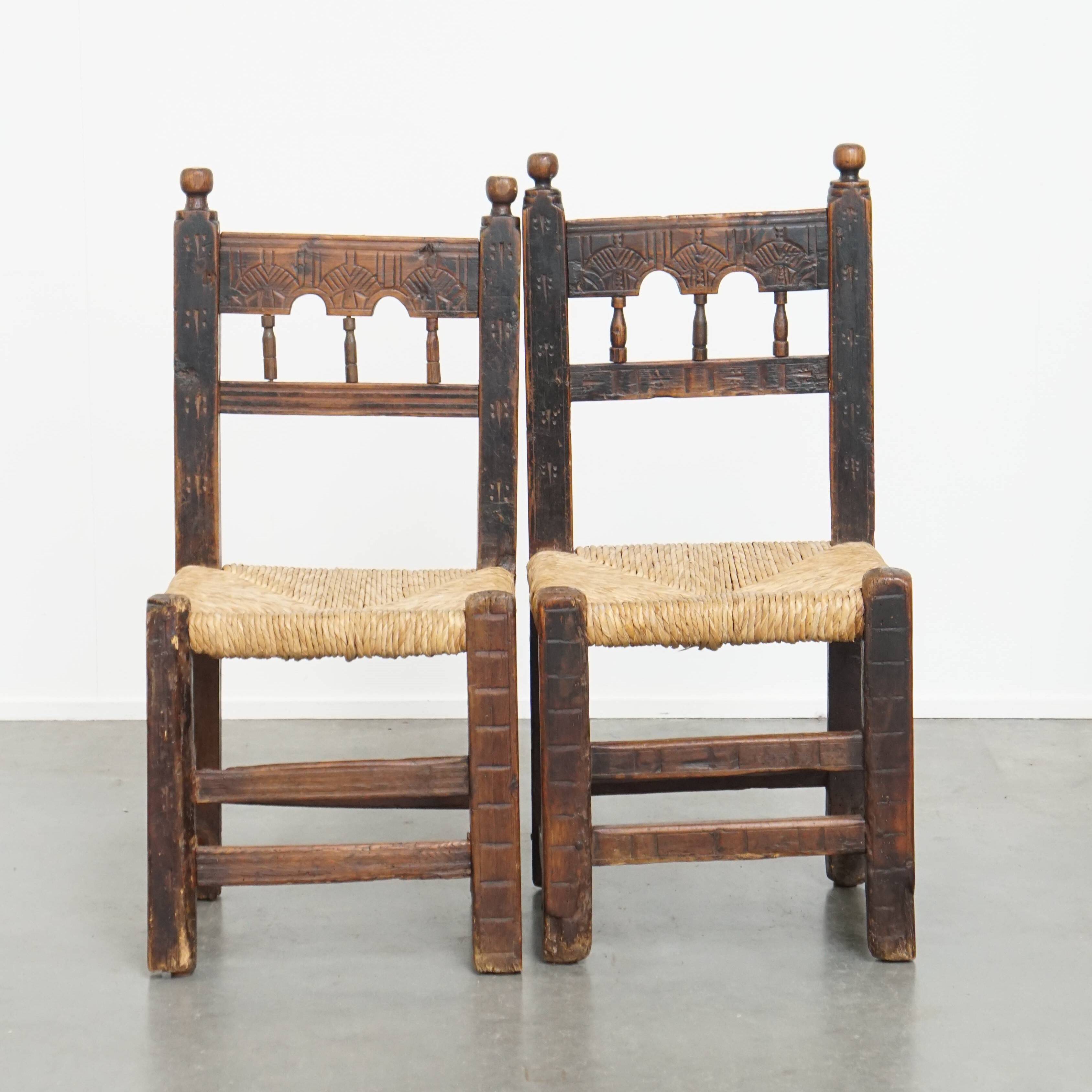 Antique Spanish Country Chairs with Woven Rush Seats