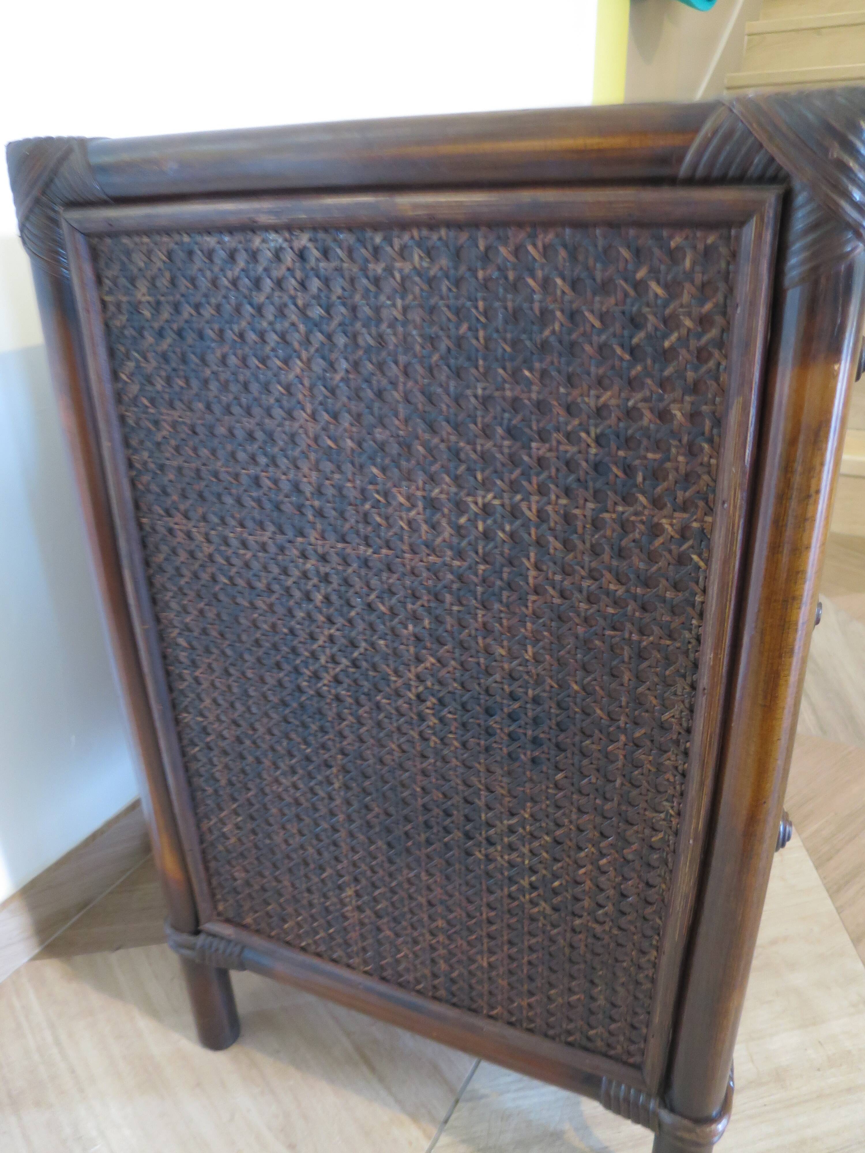 Vintage 3-drawer chest of drawers - wood, bamboo and woven rattan - 1980s