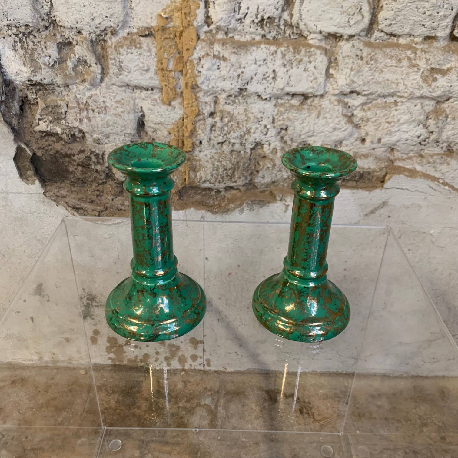 Duo of green-gold enameled ceramic candle holders, Western Germany, Waechtersbach, 1970s