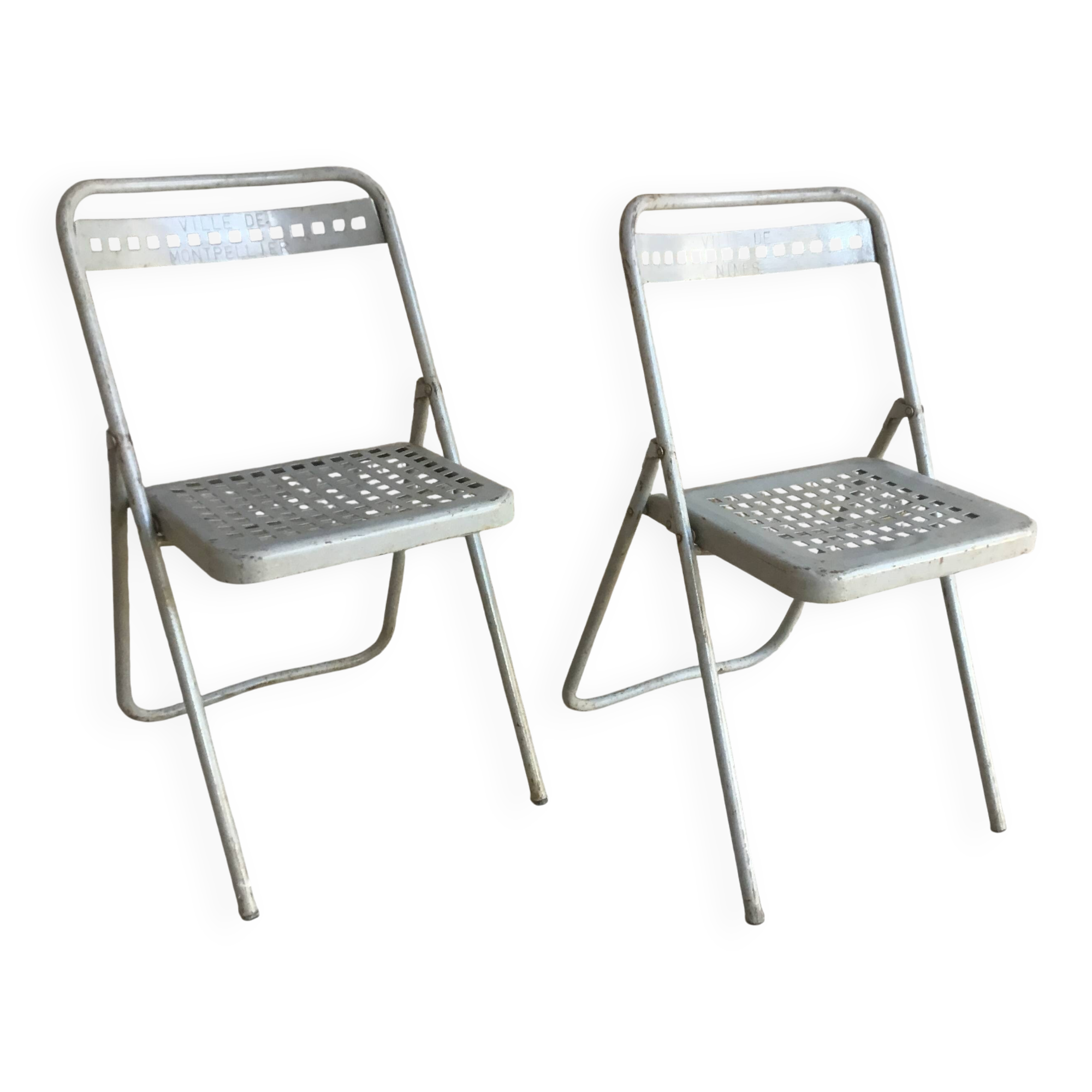 Pair of folding chairs in gray perforated metal - vintage Montpellier Nimes