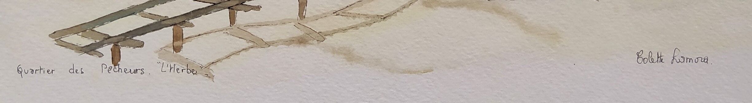 Watercolor lithograph 1980's "Cap-Ferret, 'L'Herbe' le quartier des pêcheurs"