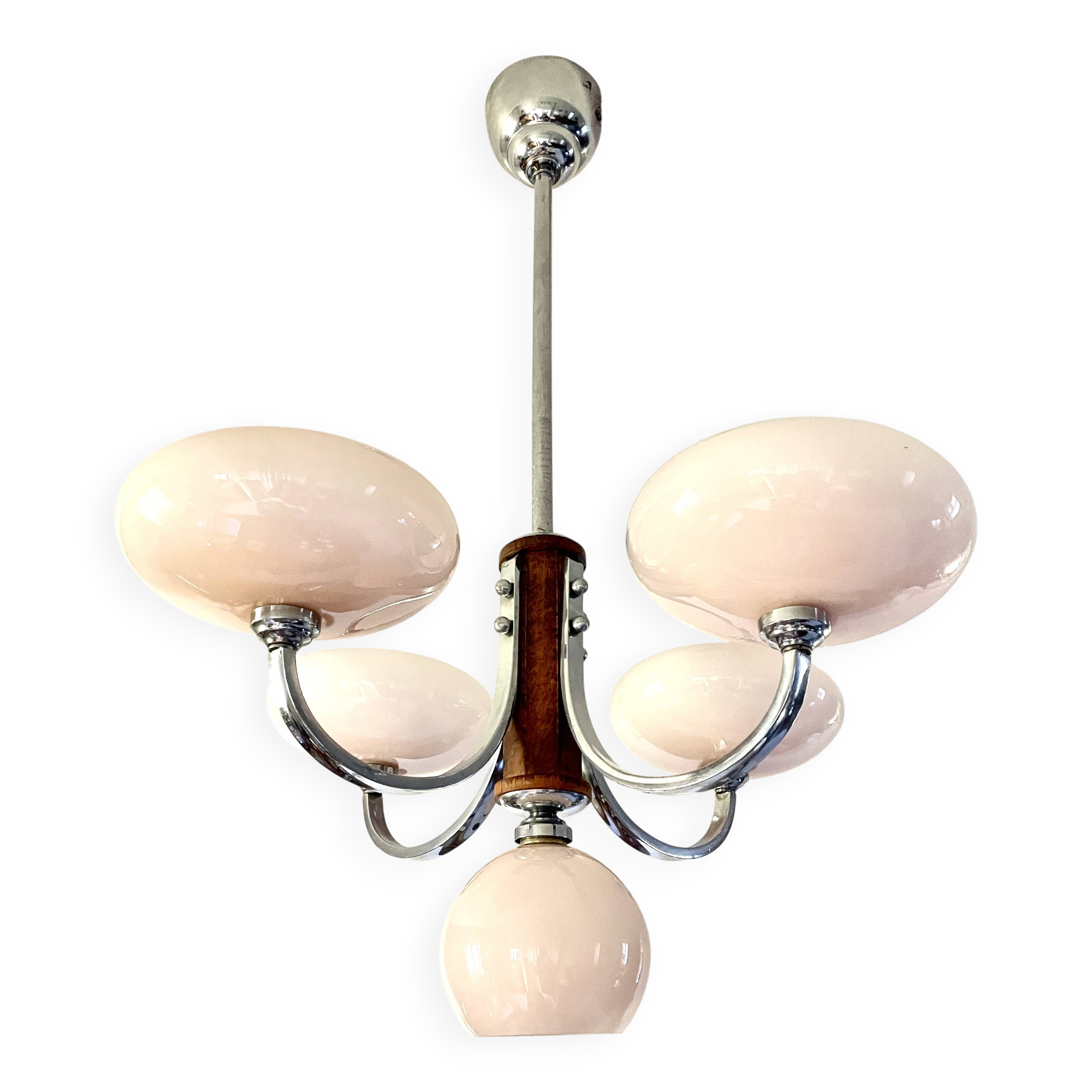 Art Deco lustre with pink glass, wood, and chrome from the 1930s.