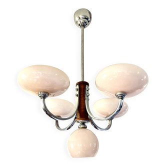 Art Deco lustre with pink glass, wood, and chrome from the 1930s.