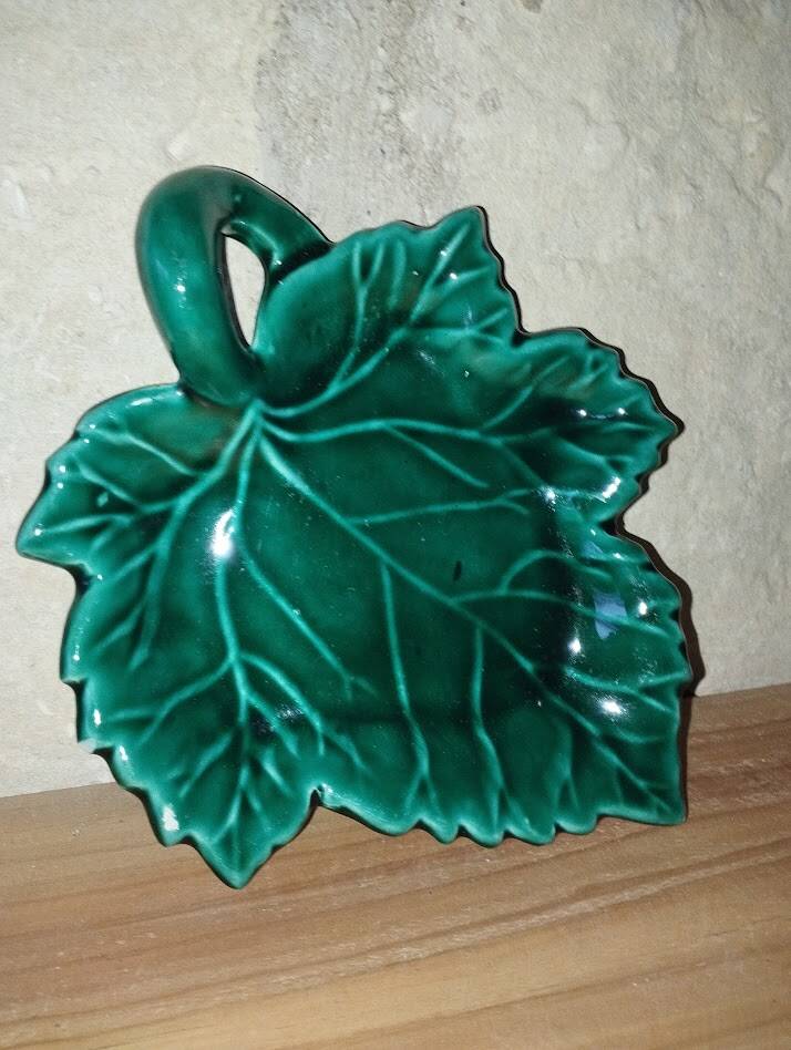 Charming ceramic dish in the shape of a leaf, signed Vallauris, in