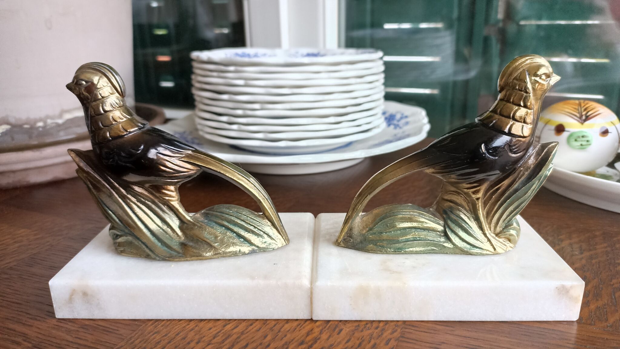 Marble and zinc art bookends - Pheasants