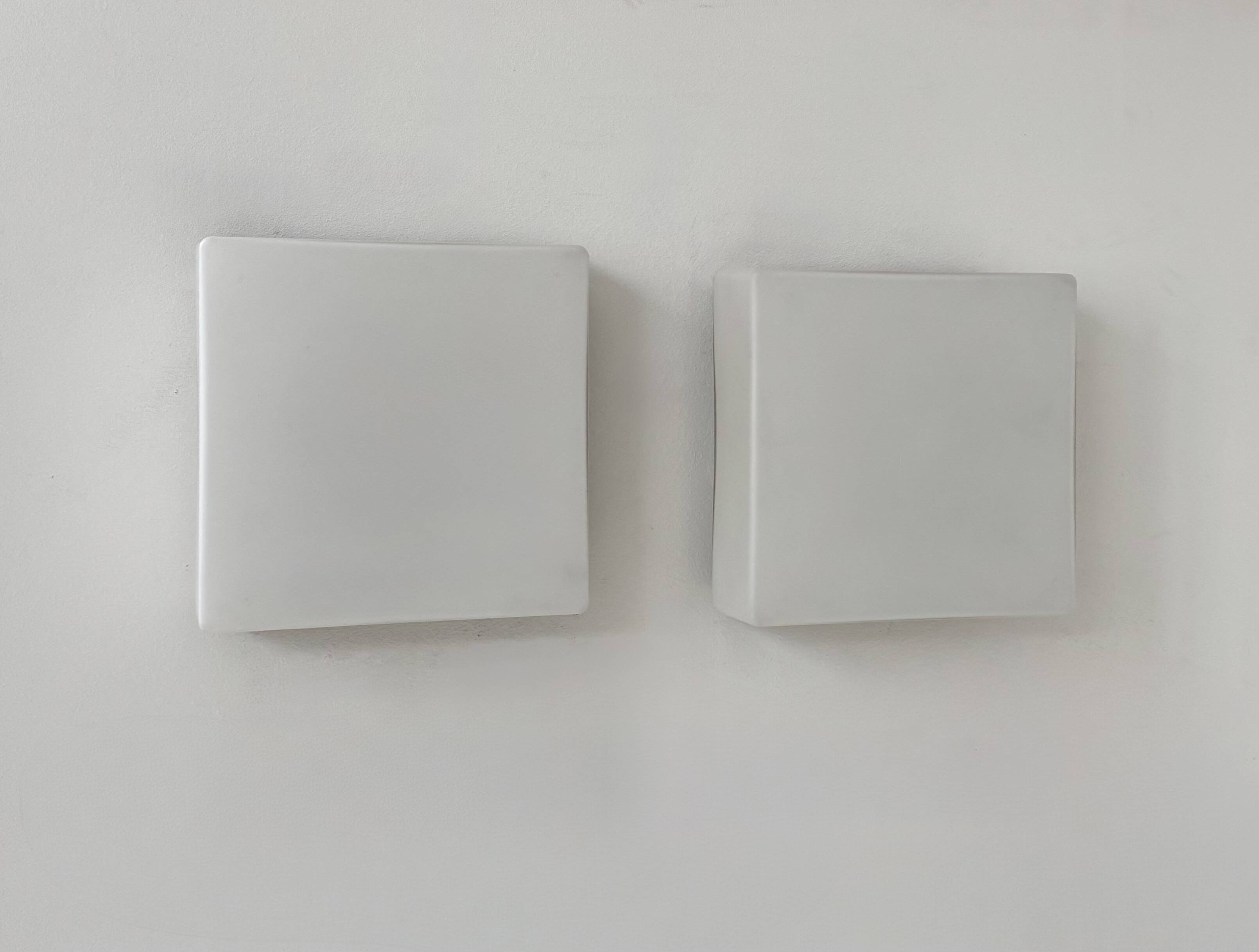 Pair of vintage wall lights, brushed metal and opaline glass, France, 1970