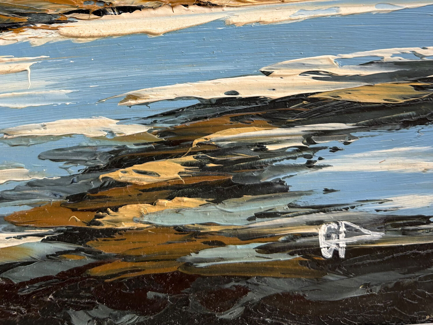 Marine bretonne, huile à couteau, Signé BP. Nouvelle série.