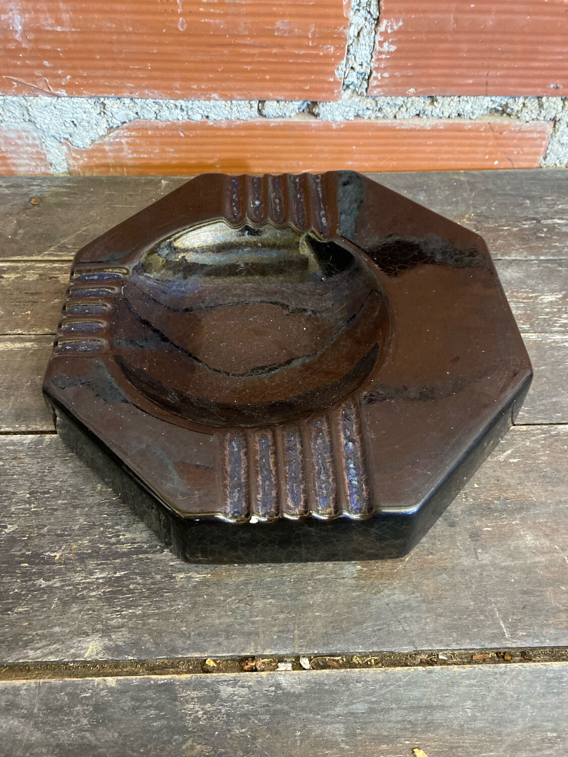 Vintage Black Cracked Ceramic Octagonal Ashtray S. BESSY