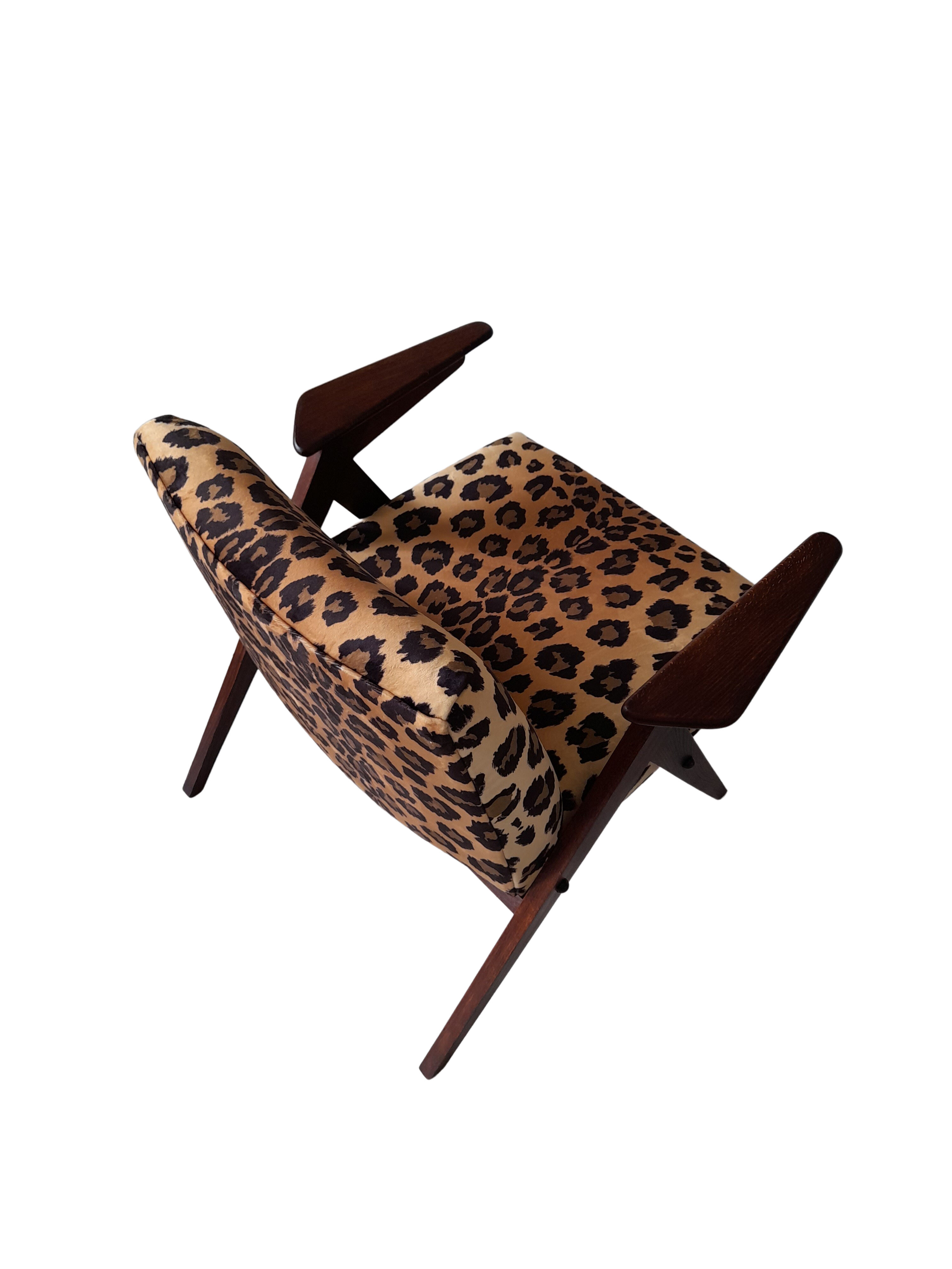 Leopard print velvet bunny armchair from dolnośląskie fabryki mebli, 1960