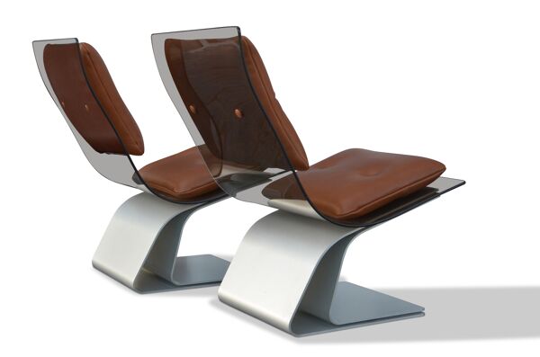 paire De fauteuils De La Maison Jansen 1970 Verre Fumé Et cuir Cognac