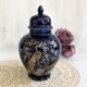 Potiche cobalt blue porcelain lid jar decorated with peacocks