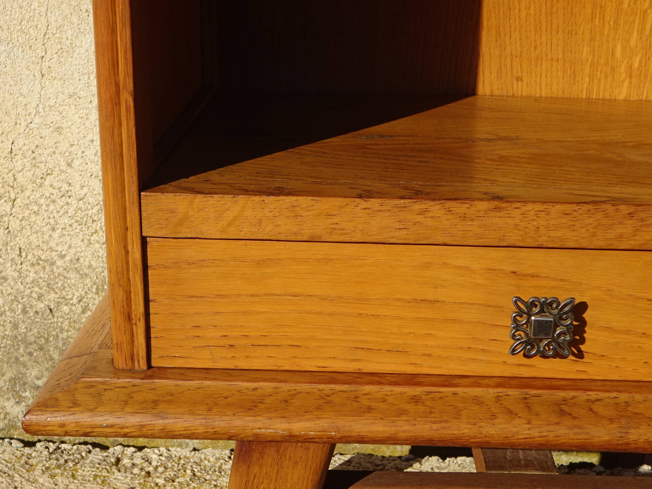 Oak bedside table with tapered legs