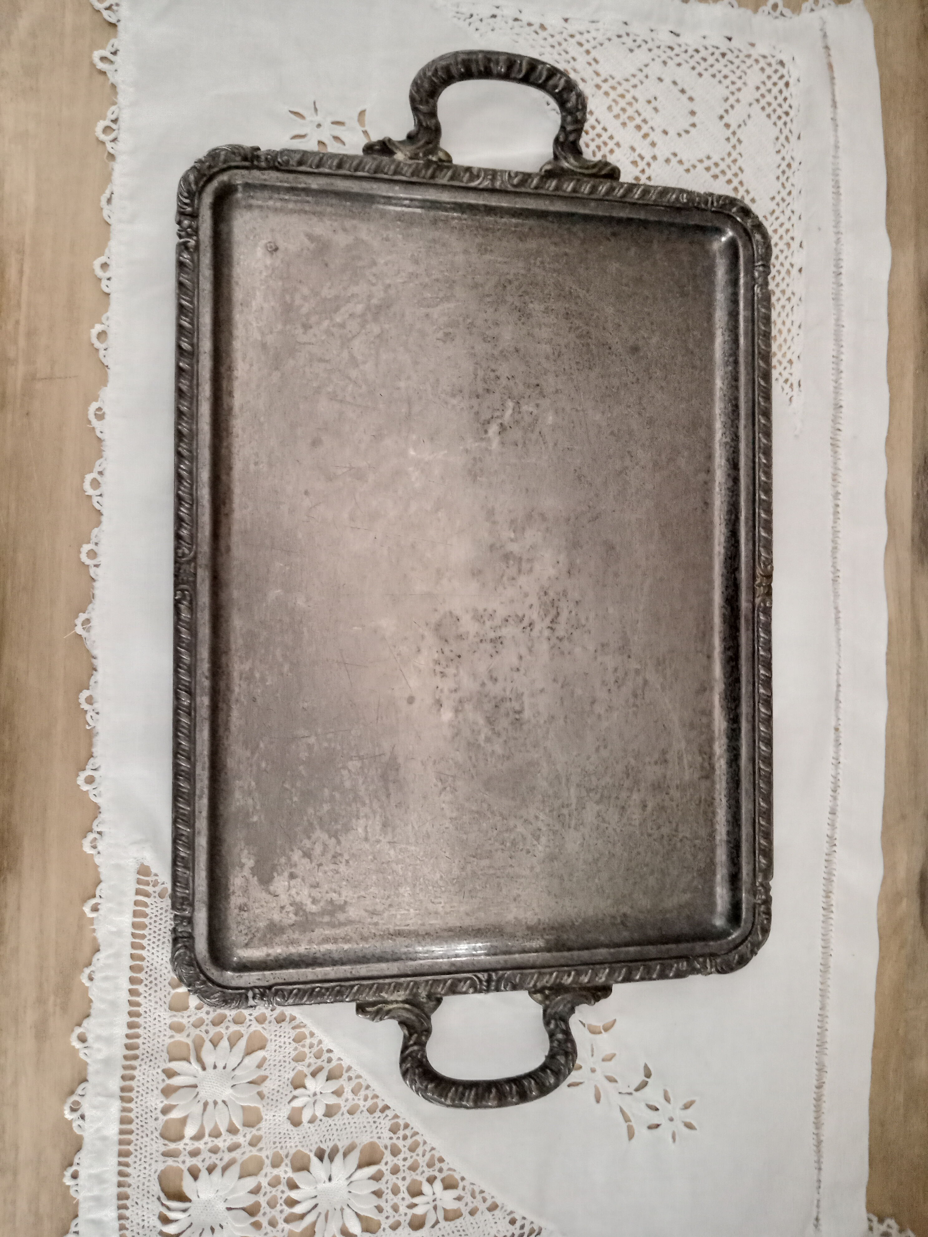 Rectangular silver metal tray 2 handles, decorative frieze