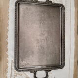 Rectangular silver metal tray 2 handles, decorative frieze