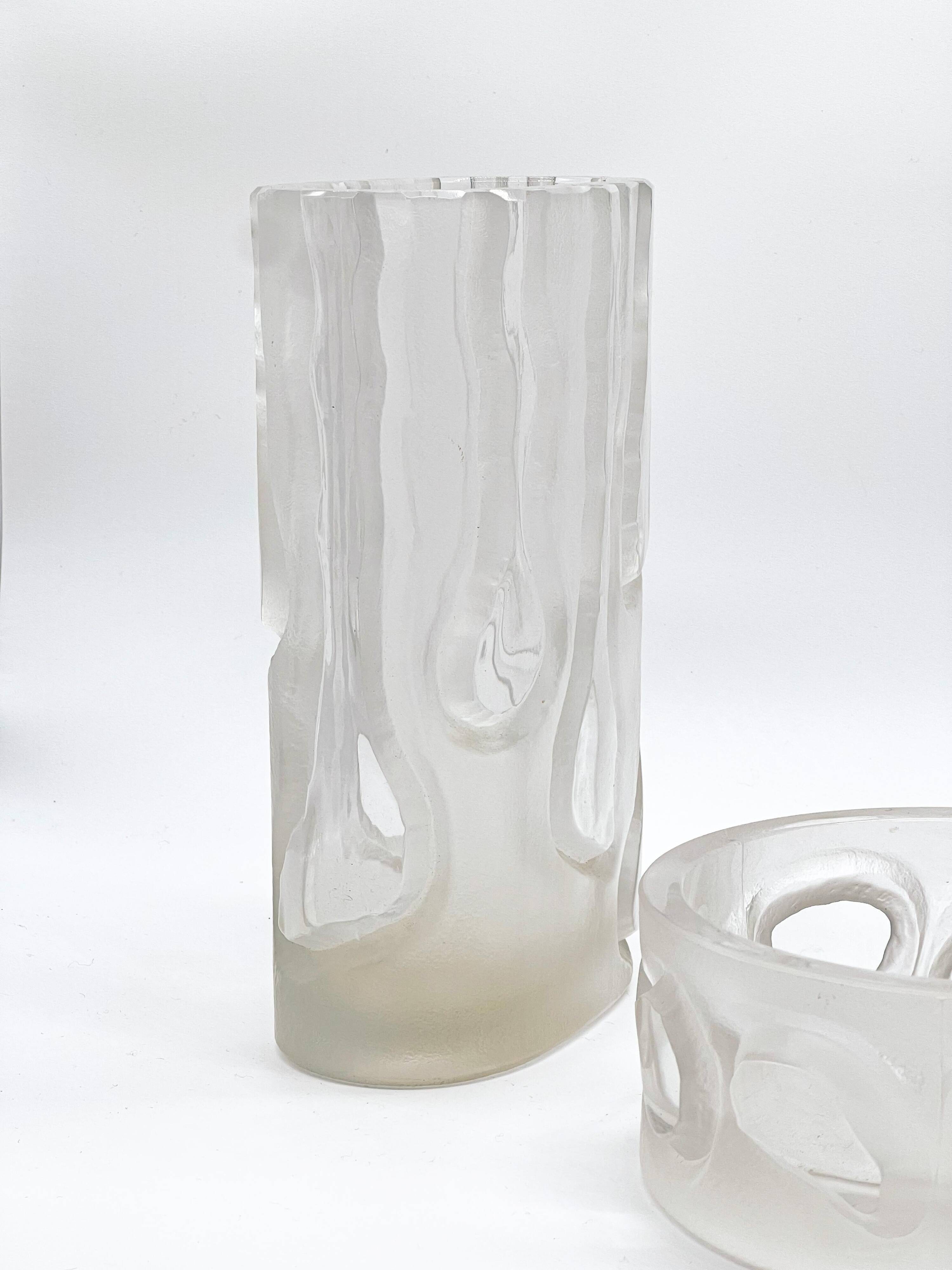 Set of Two Vintage Matching Glass, Tall Vase and Low Bowl, Engraved Decorations