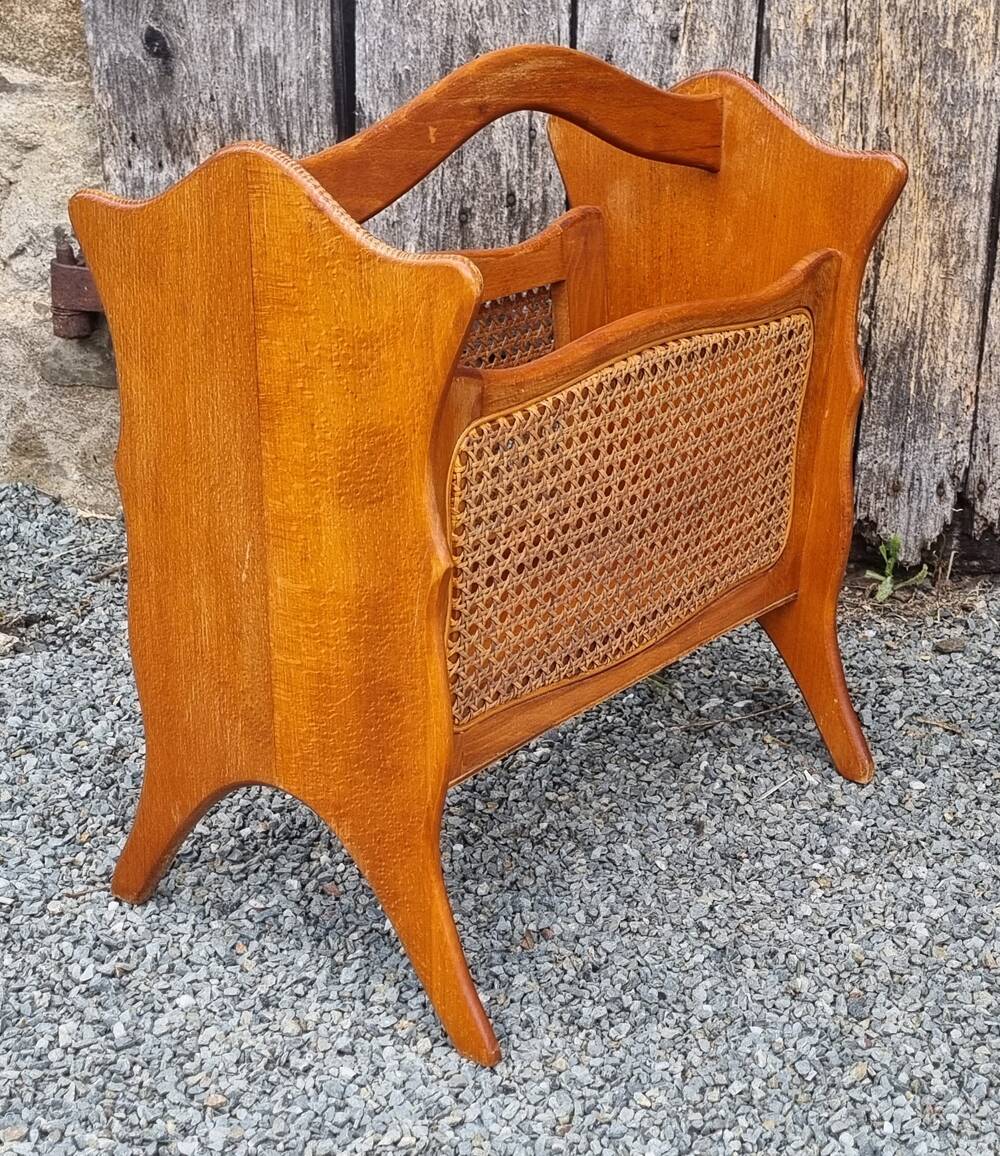 Magazine rack, wood and canework, vintage, 70s - 80s