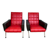Pair of vintage armchairs in red and black Skai