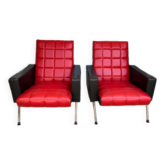 Pair of vintage armchairs in red and black Skai