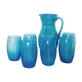 Service à orangeade en verre bleu vintage